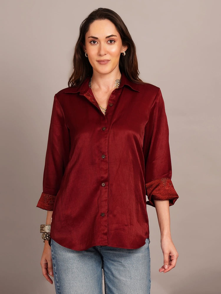 Maroon Mashru & ajrakh silkDetail Shirt