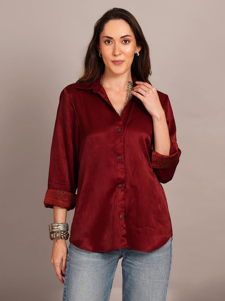 Maroon Mashru & ajrakh silkDetail Shirt