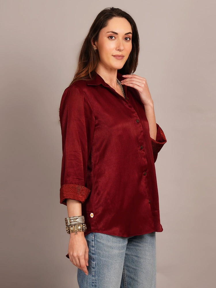 Maroon Mashru & ajrakh silkDetail Shirt