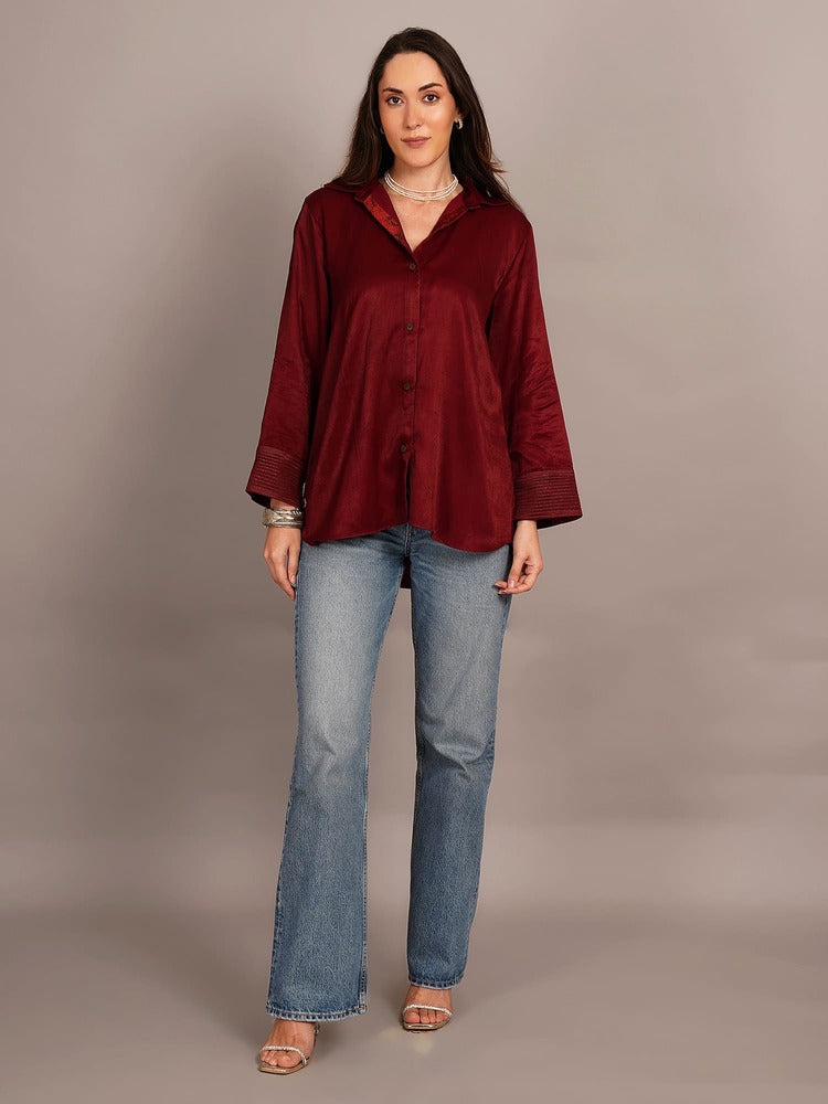 Maroon Mashru Sleeve & Back Detail Shirt