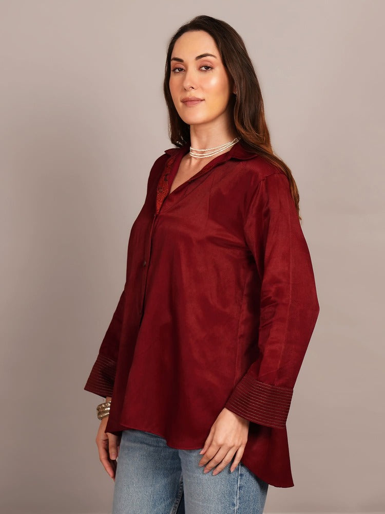 Maroon Mashru Sleeve & Back Detail Shirt