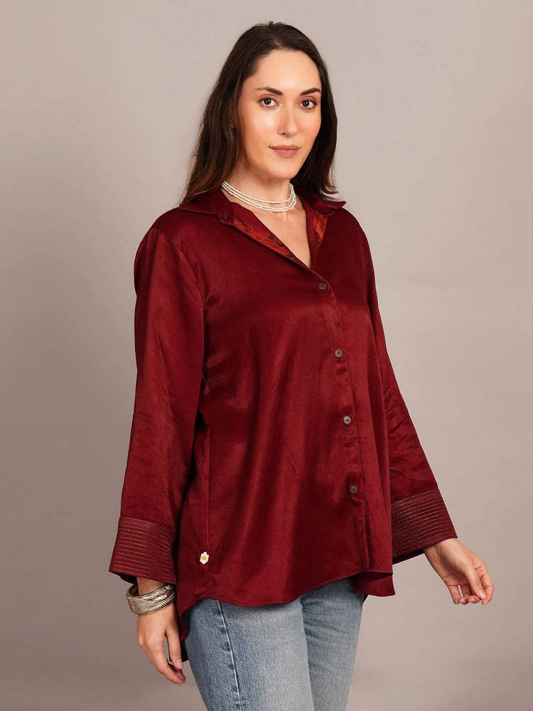 Maroon Mashru Sleeve & Back Detail Shirt