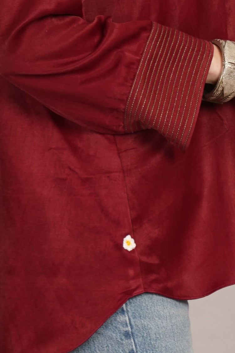 Maroon Mashru Sleeve & Back Detail Shirt