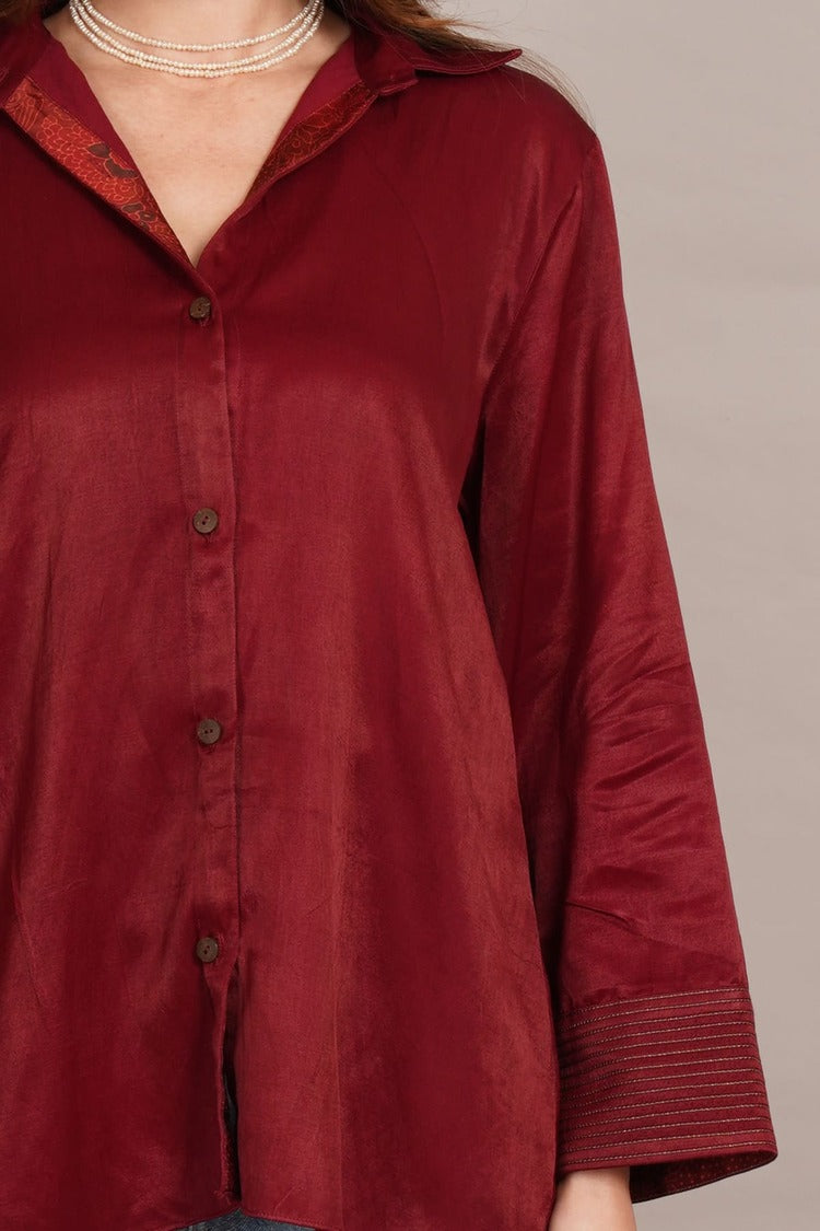 Maroon Mashru Sleeve & Back Detail Shirt