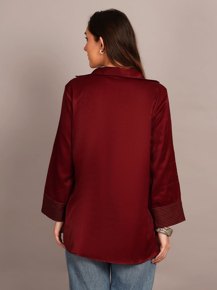 Maroon Mashru Sleeve & Back Detail Shirt