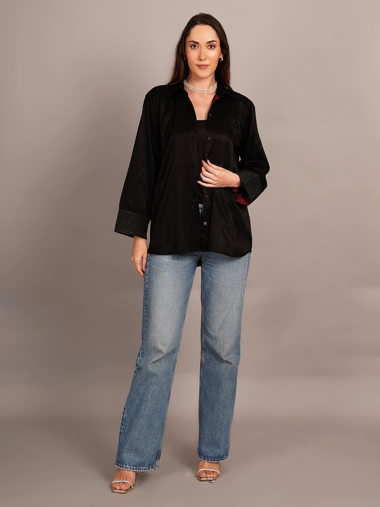 Black Mashru Sleeve Detail Shirt