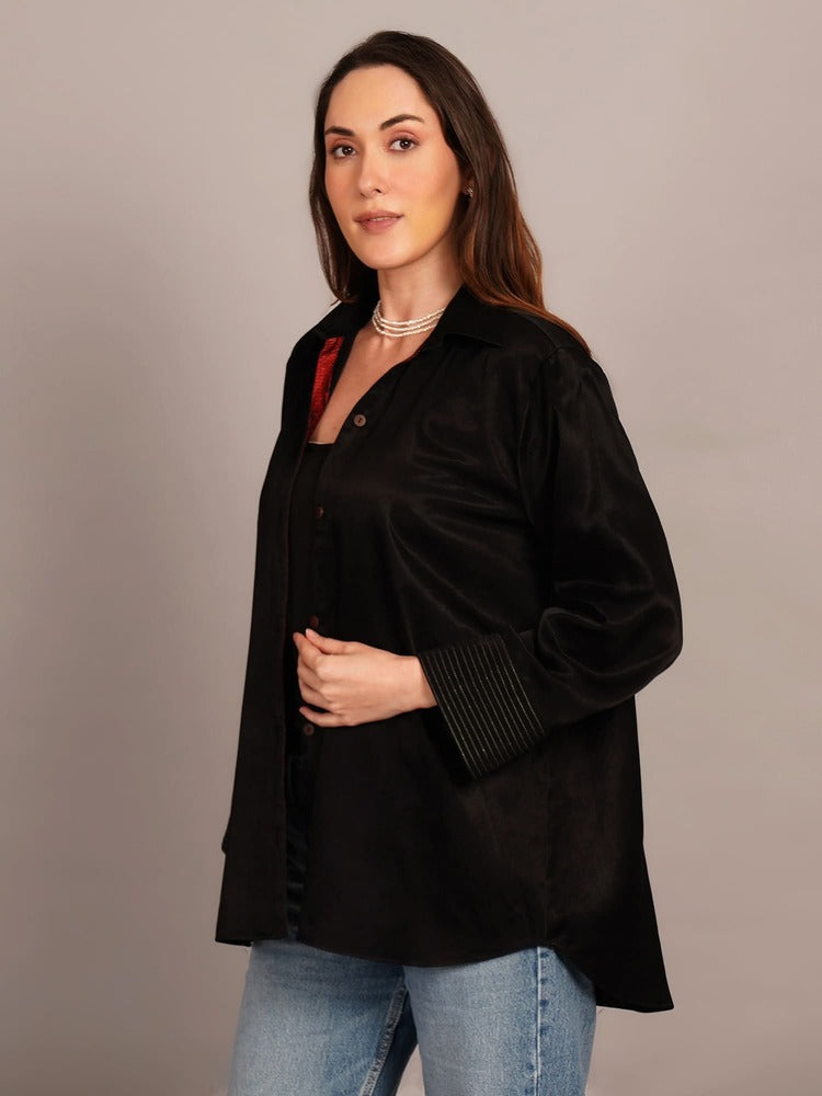 Black Mashru Sleeve Detail Shirt