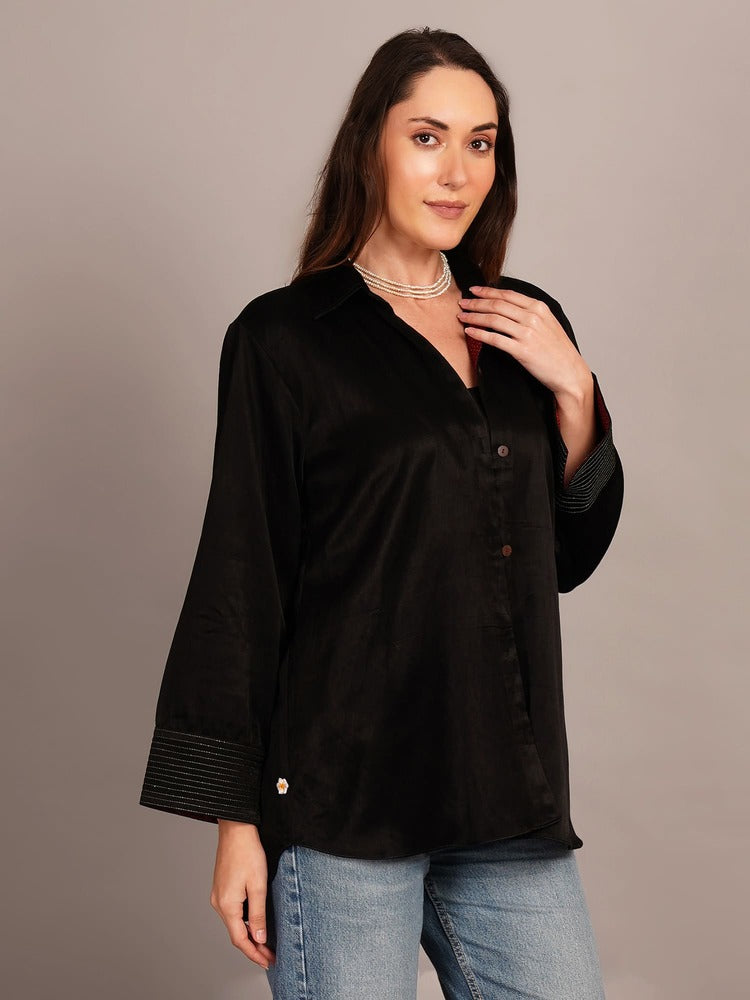 Black Mashru Sleeve Detail Shirt