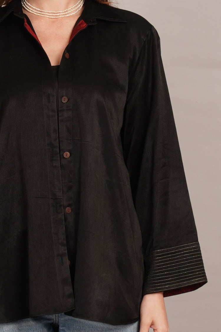 Black Mashru Sleeve Detail Shirt