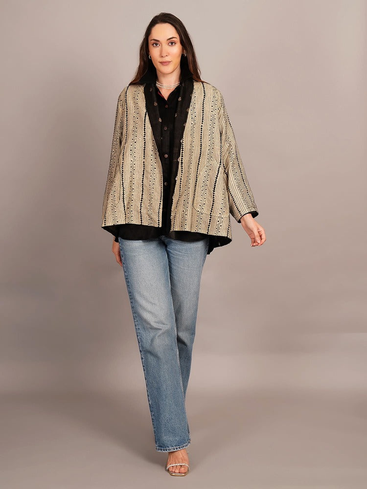 Beige Kantha & Black Chanderi Overlay