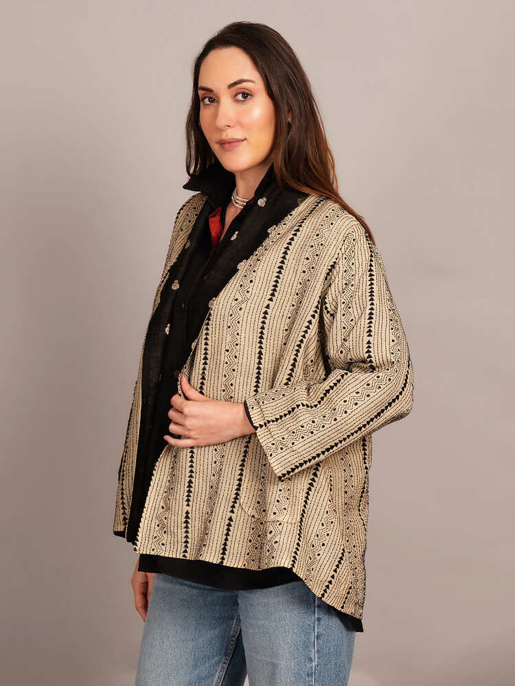 Beige Kantha & Black Chanderi Overlay