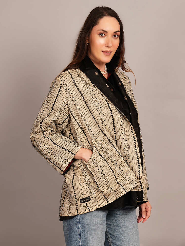 Beige Kantha & Black Chanderi Overlay