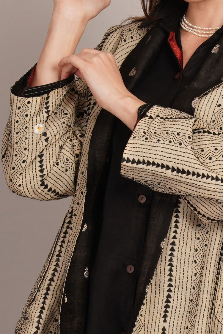 Beige Kantha & Black Chanderi Overlay