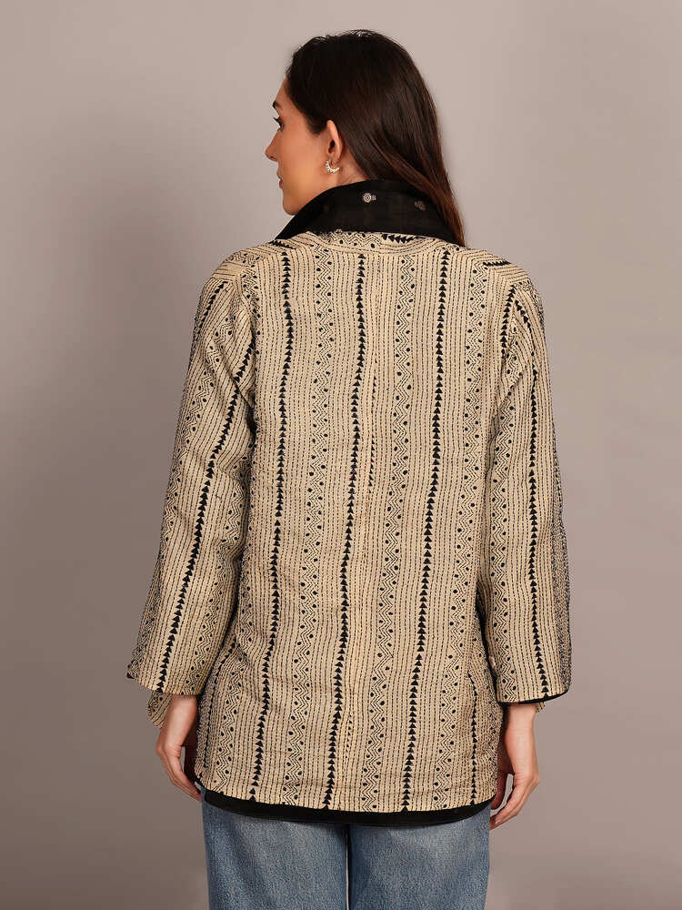 Beige Kantha & Black Chanderi Overlay