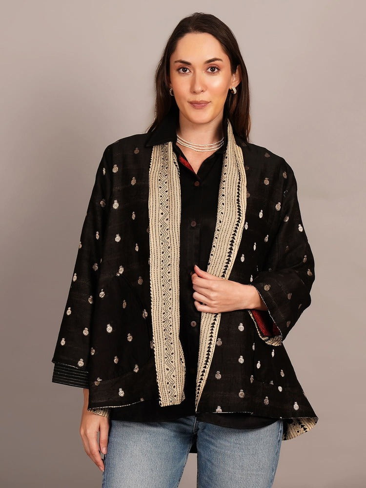 Beige Kantha & Black Chanderi Overlay