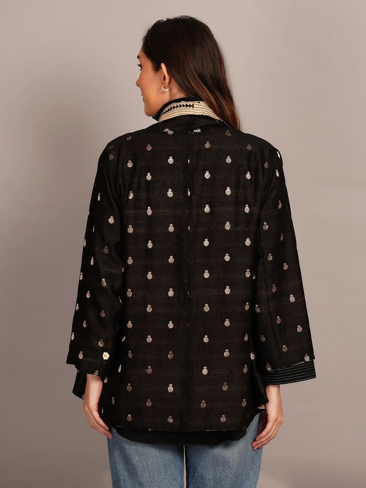 Beige Kantha & Black Chanderi Overlay