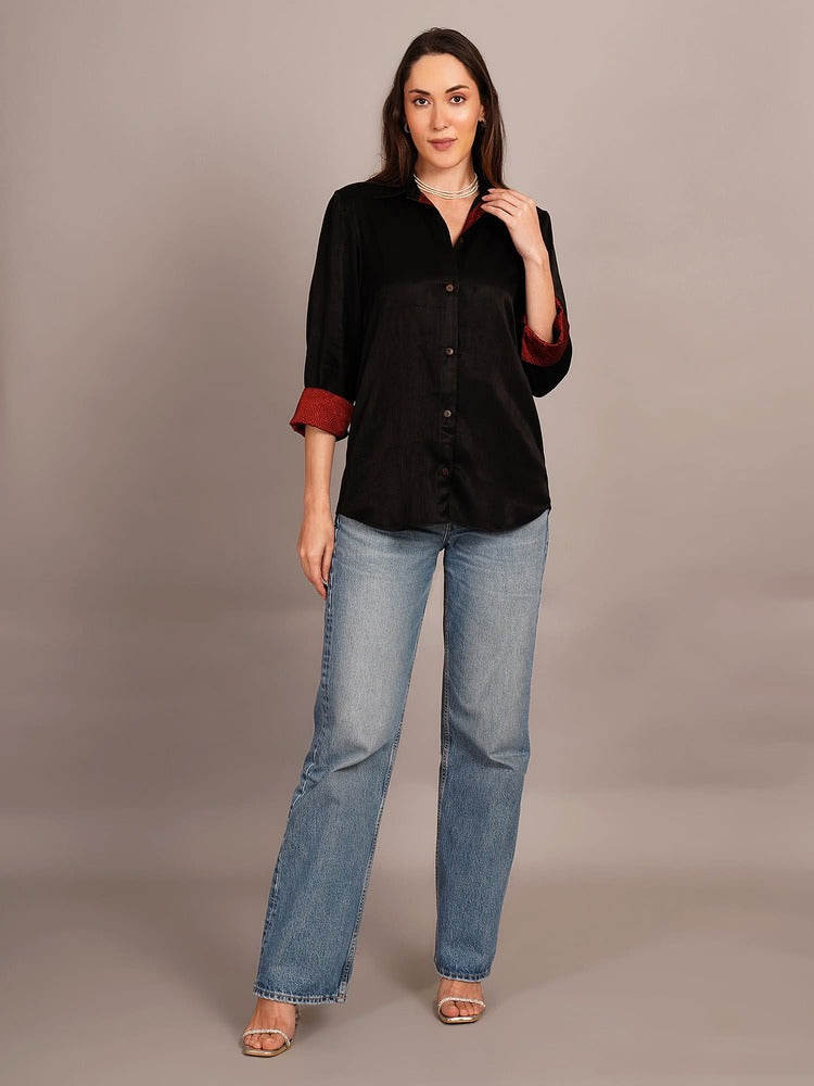 Black Mashru Sleeve & Back Detail Shirt
