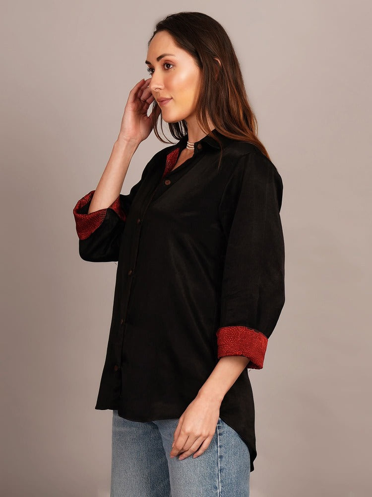 Black Mashru Sleeve & Back Detail Shirt