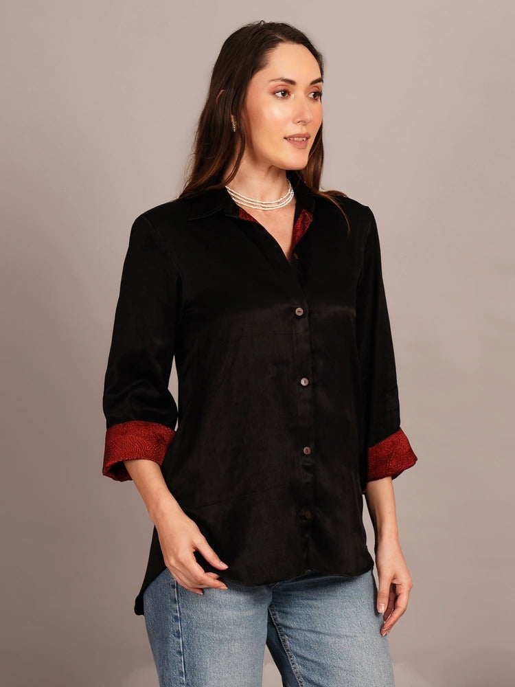 Black Mashru Sleeve & Back Detail Shirt