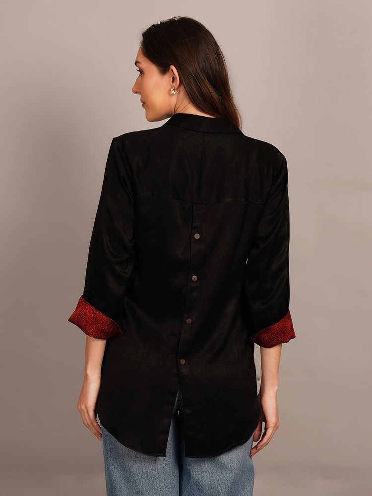 Black Mashru Sleeve & Back Detail Shirt