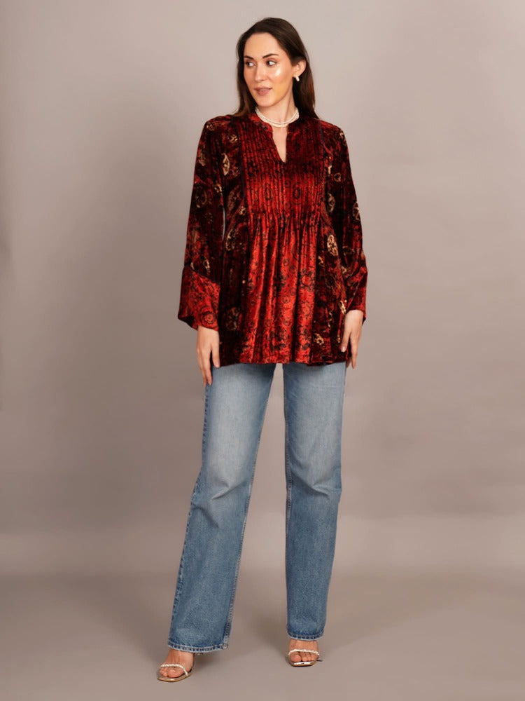 Red Black Ajrakh Velvet Tunic