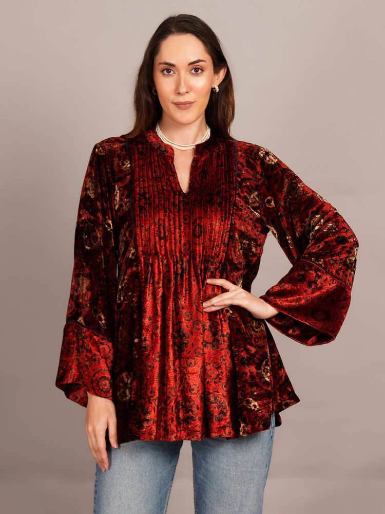 Red Black Ajrakh Velvet Tunic