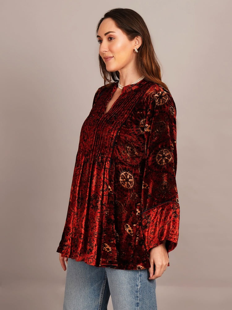Red Black Ajrakh Velvet Tunic