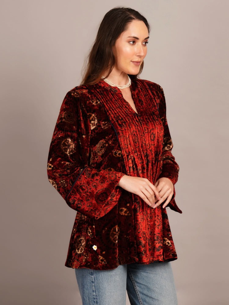 Red Black Ajrakh Velvet Tunic