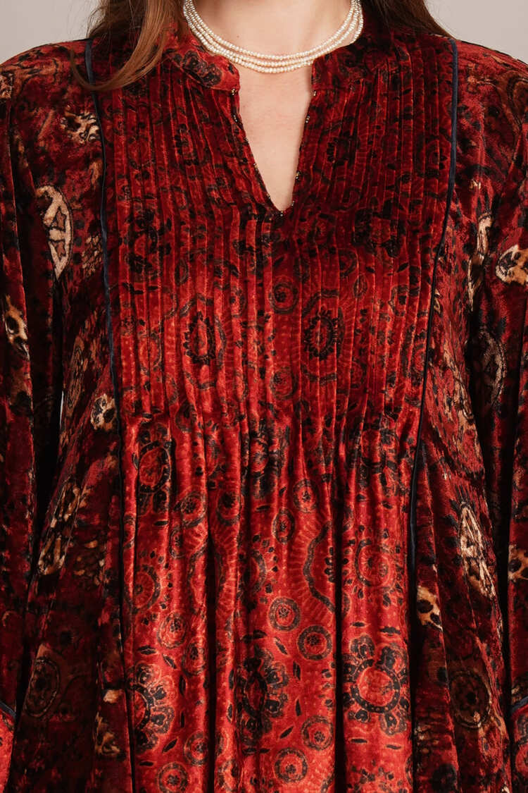 Red Black Ajrakh Velvet Tunic