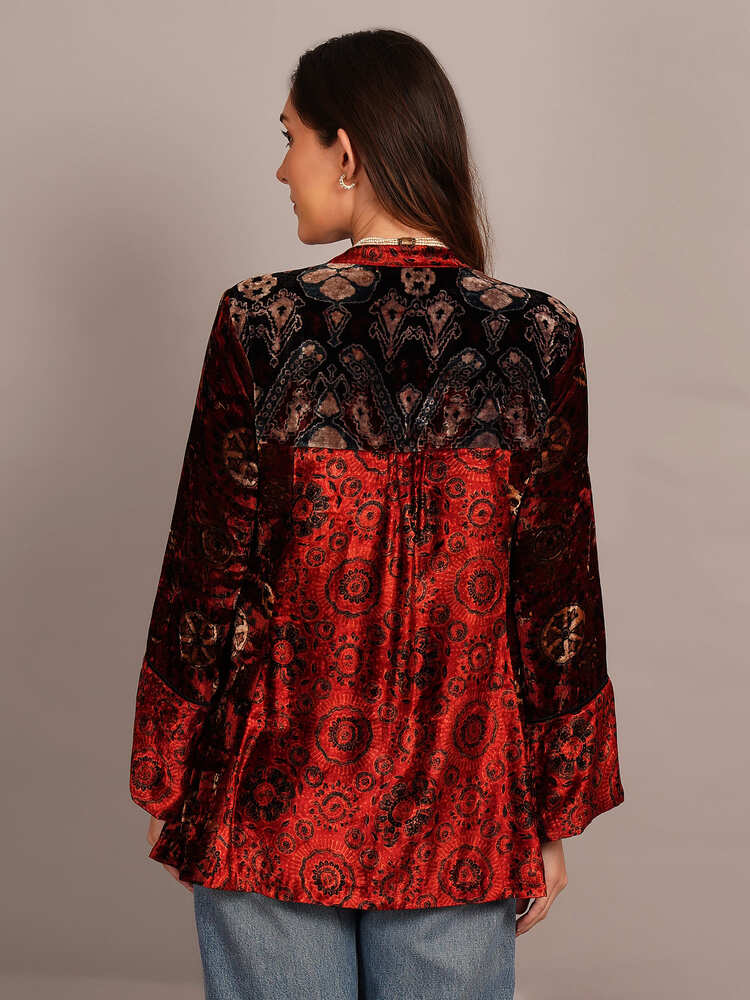 Red Black Ajrakh Velvet Tunic