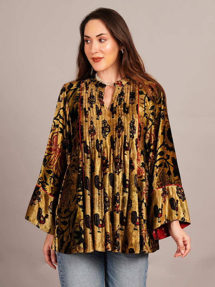 Yellow Black Bagru Velvet Tunic