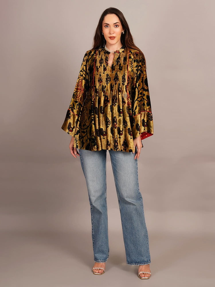 Yellow Black Bagru Velvet Tunic