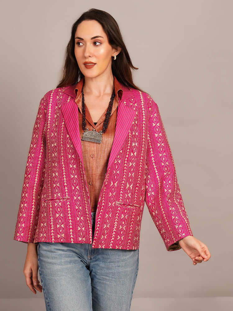 Pink Kantha & Ajrakh Blazer