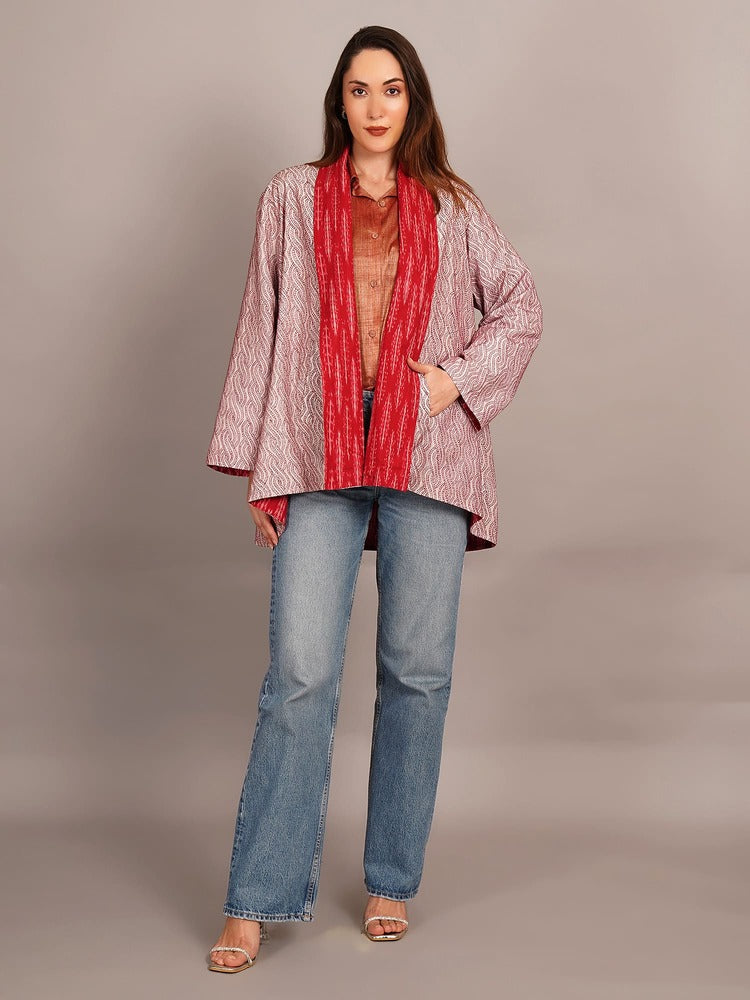Red Kantha & Red Ikkat Cotton Overlay