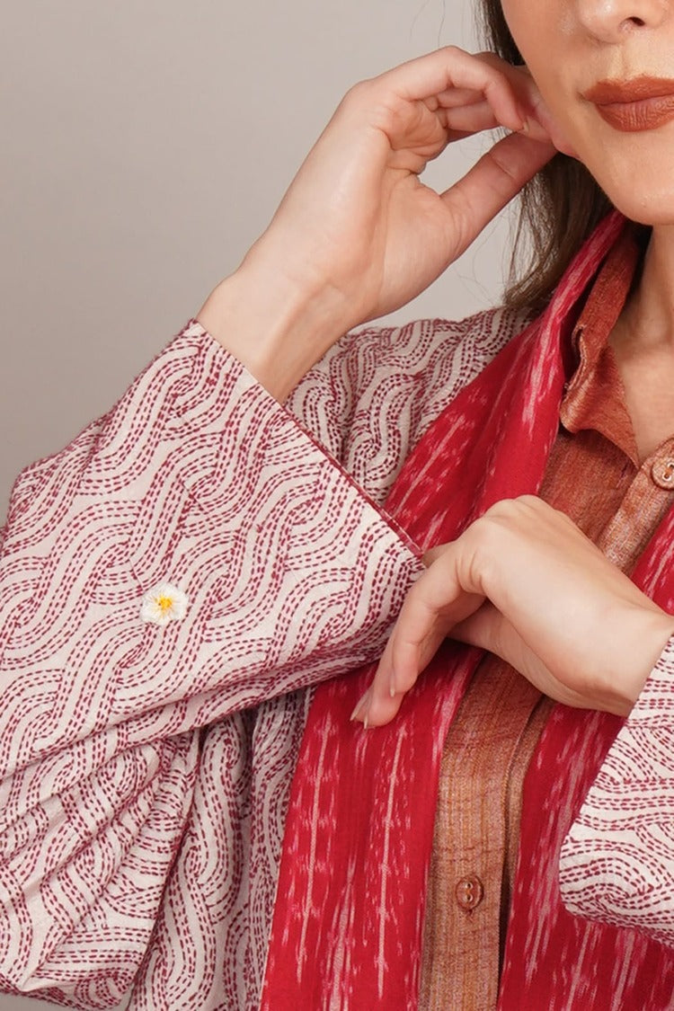 Red Kantha & Red Ikkat Cotton Overlay