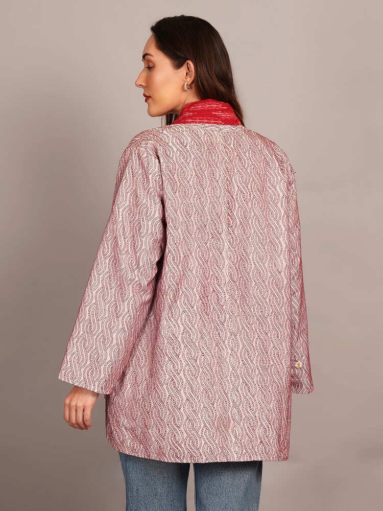 Red Kantha & Red Ikkat Cotton Overlay