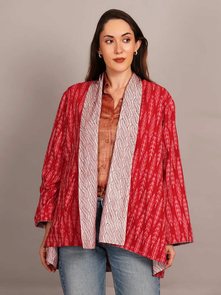 Red Kantha & Red Ikkat Cotton Overlay