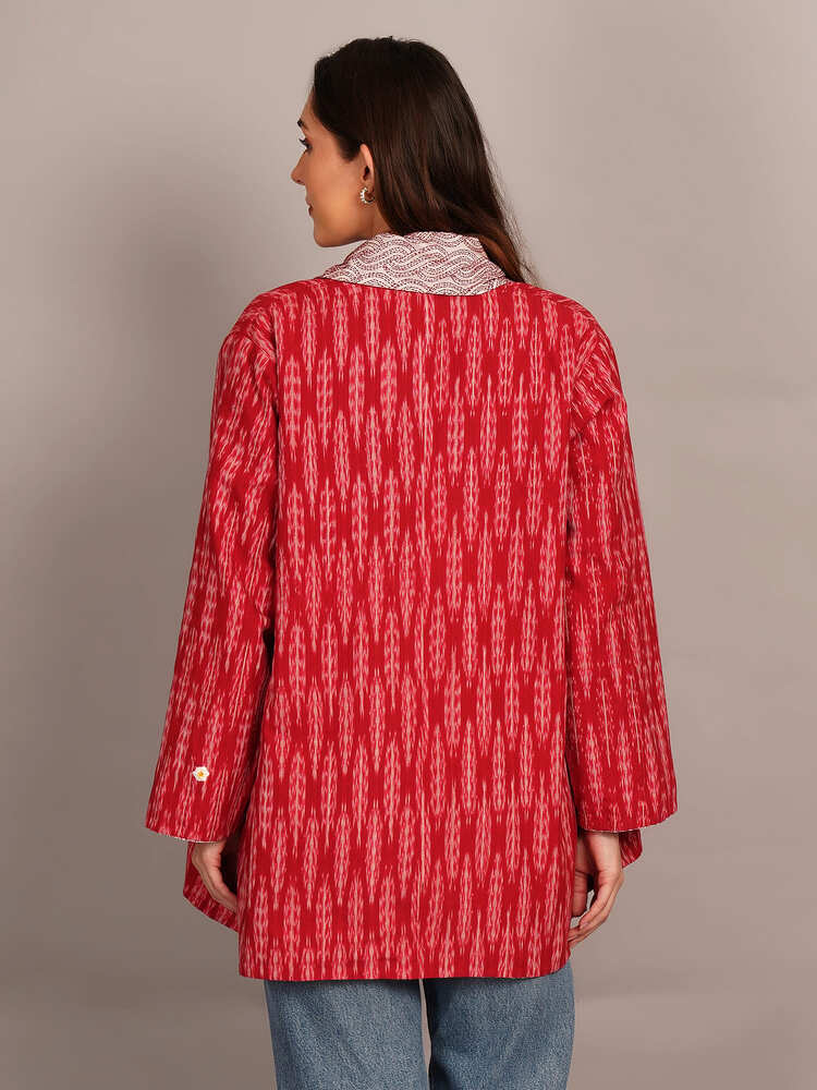 Red Kantha & Red Ikkat Cotton Overlay