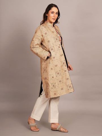 Beige Kantha & Black Rawsilk Ikkat Jacket