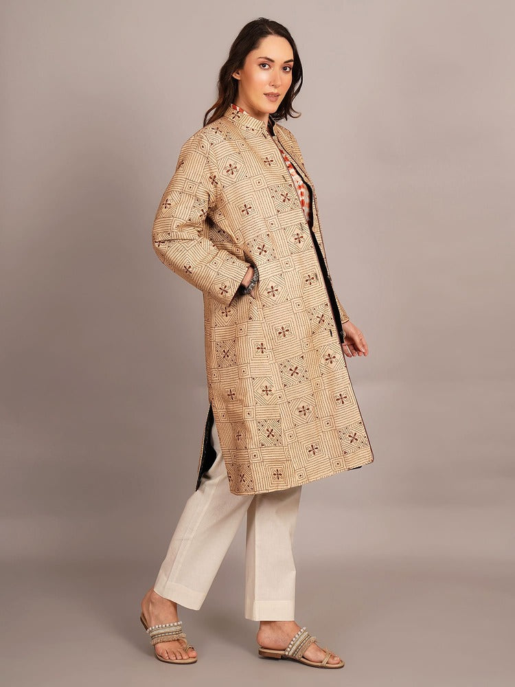 Beige Kantha & Black Rawsilk Ikkat Jacket