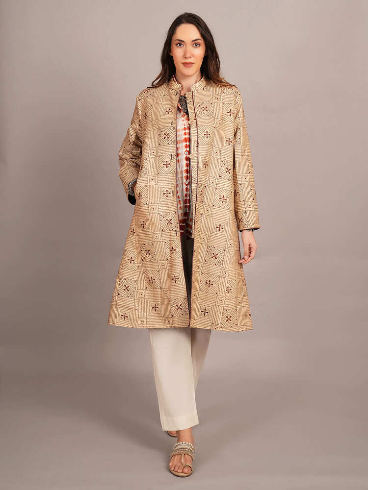 Beige Kantha & Black Rawsilk Ikkat Jacket