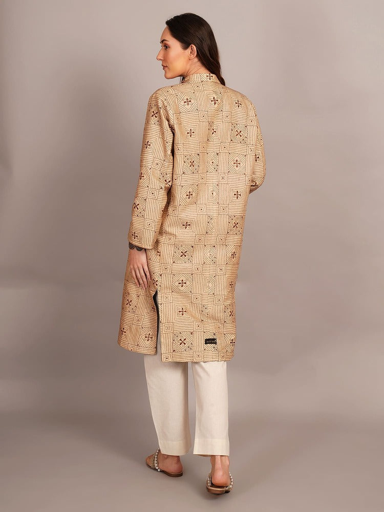 Beige Kantha & Black Rawsilk Ikkat Jacket
