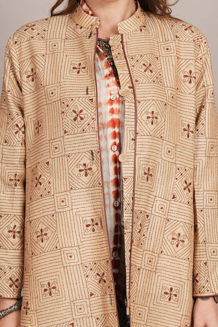 Beige Kantha & Black Rawsilk Ikkat Jacket