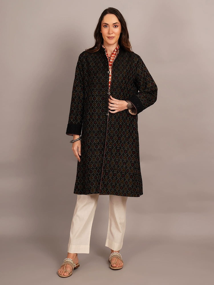 Beige Kantha & Black Rawsilk Ikkat Jacket