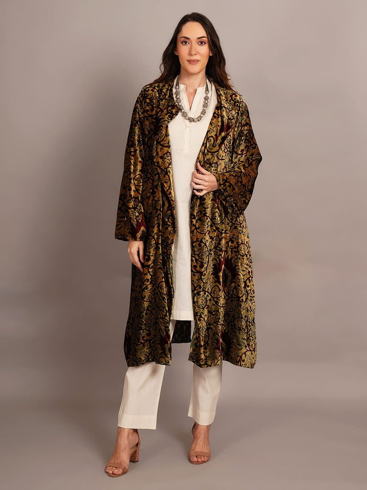 Green Bagru Velvet & Ikkat Cotton Overlay