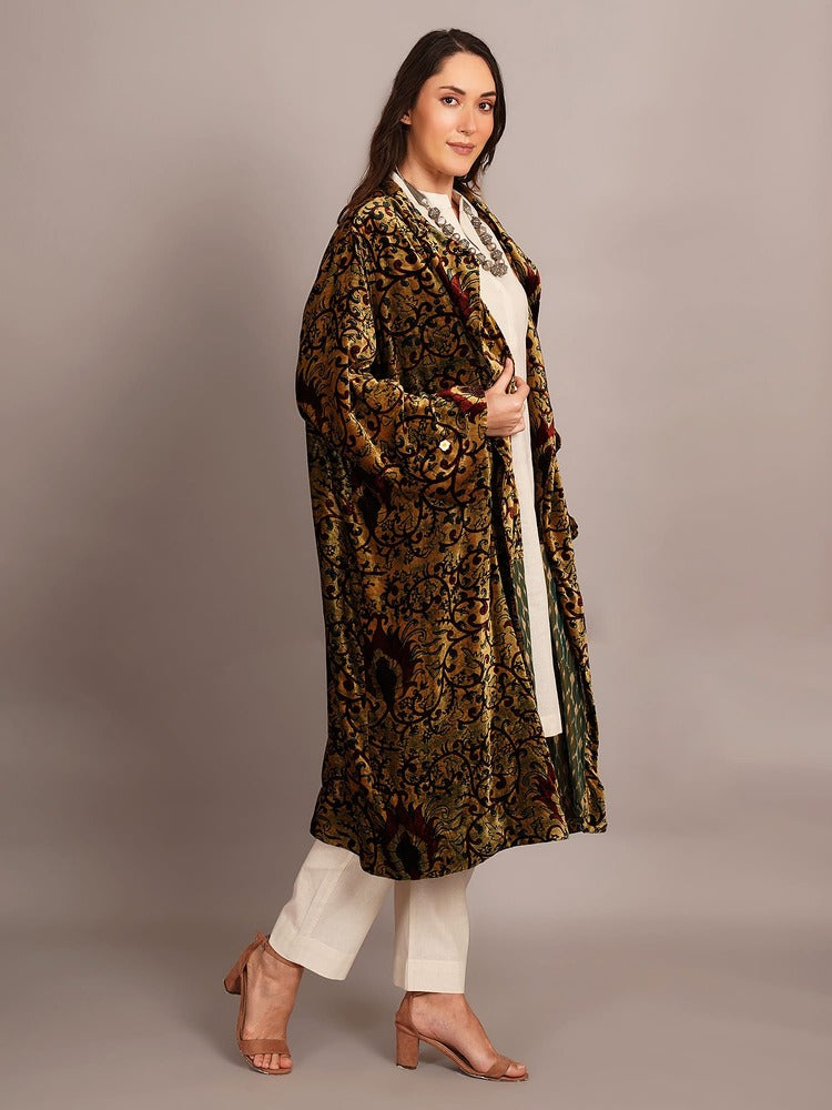 Green Bagru Velvet & Ikkat Cotton Overlay