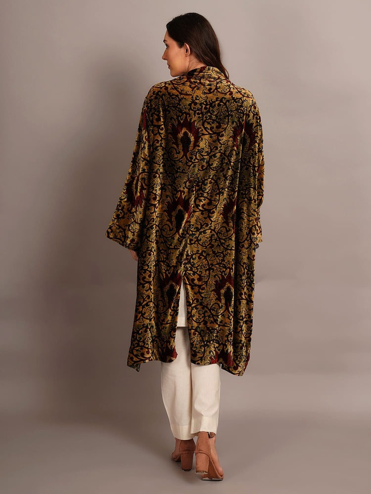 Green Bagru Velvet & Ikkat Cotton Overlay