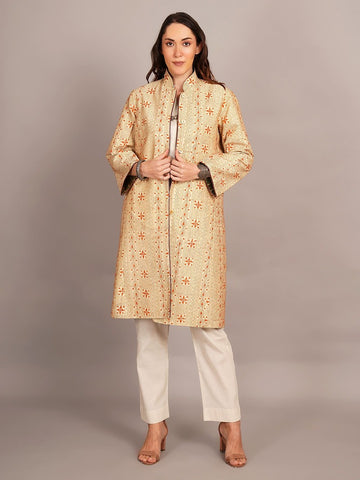 Off White Kantha & Green Ikkat Cotton Jacket