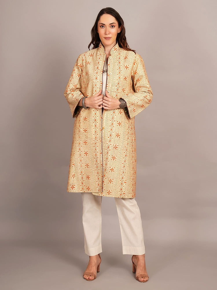Off White Kantha & Green Ikkat Cotton Jacket