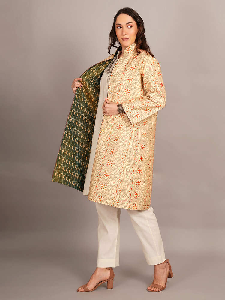 Off White Kantha & Green Ikkat Cotton Jacket